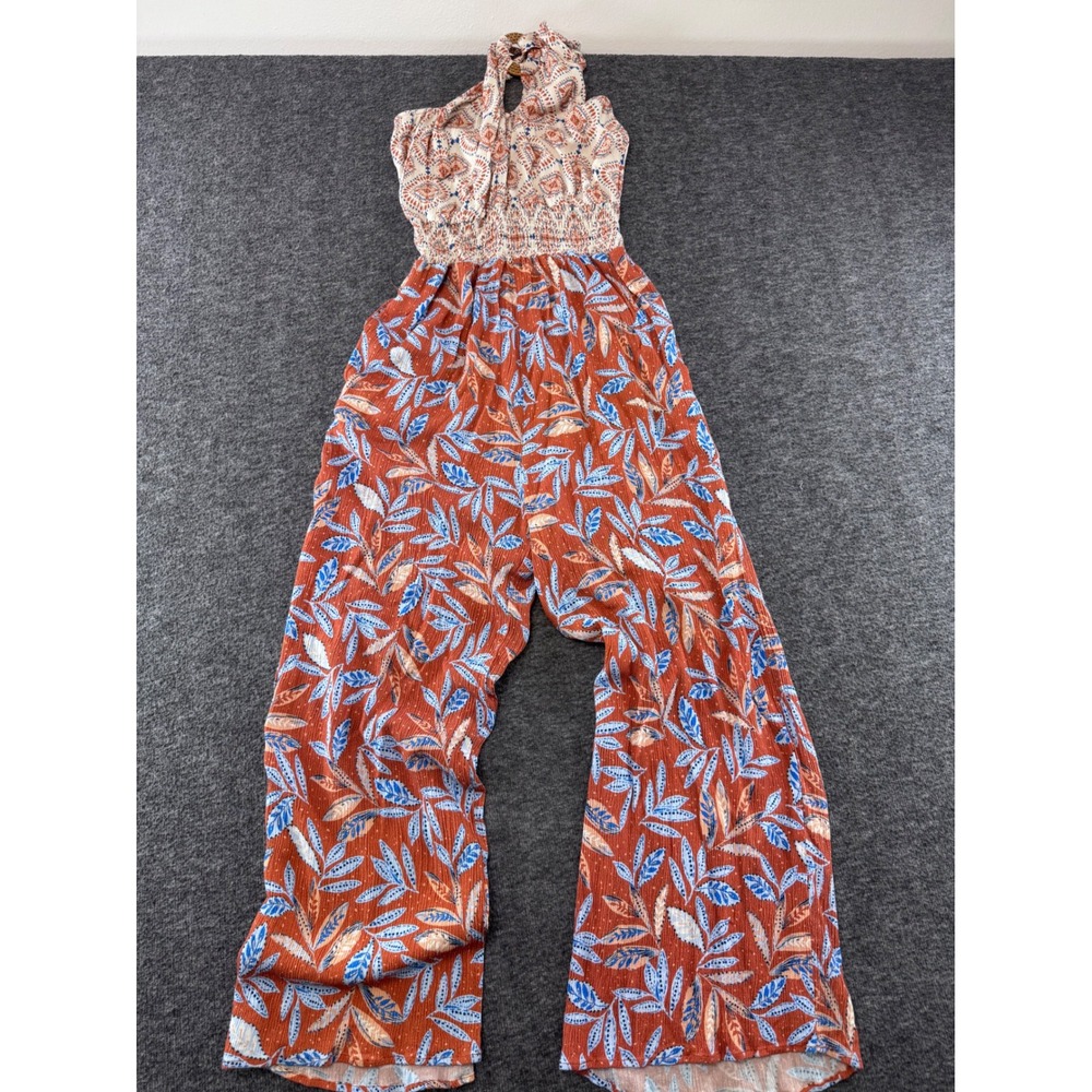 Lucky Brand Swim‎ Halter Neck Smocked Waist Mixed Print Wide Leg Jumpsuit S/M